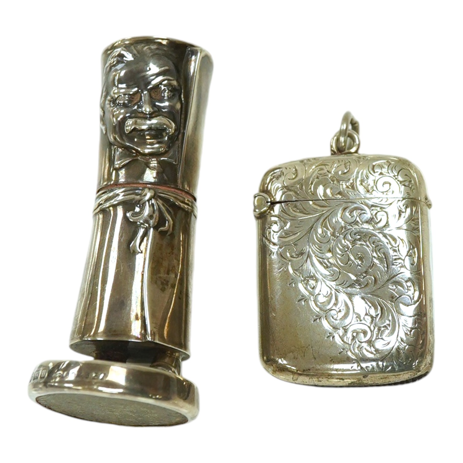 A novelty silver condiment and vesta case. Condition - fair to good